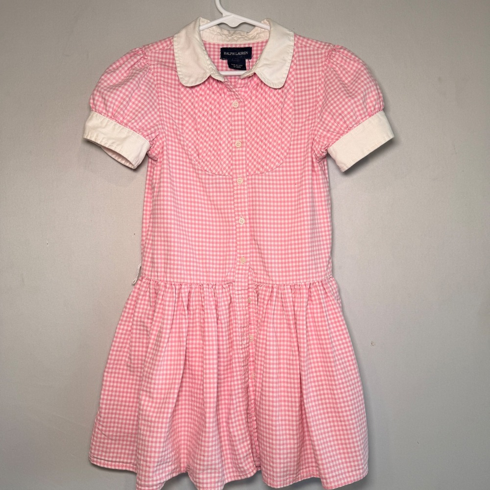 Ralph Lauren Cottegecore Dress Girls 5 Pink White Cotton Collar Pleated Bib Prep